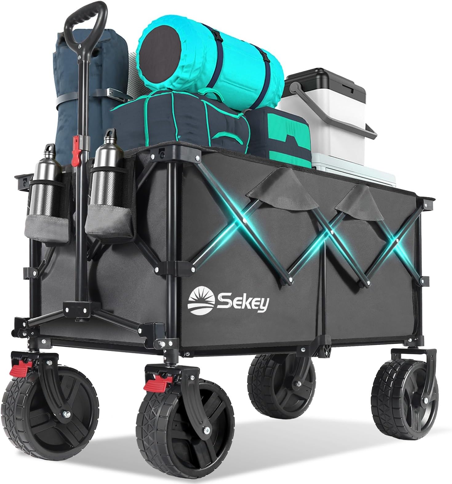 Sekey 220L Wagons Carts Foldable with Big All-Terrian Beach Wheels, Collapsible Heavy DutyWagon with Cup Holders, Extra Large Folding Wagon,Foldable Wagon for Camping, Garden, Sports. Grey