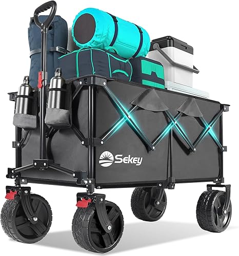 Miniatura 11 de Sekey Carros de 220L Plegables con Grandes Ruedas de Playa Todo Terreno, Vagón Plegable de Alta Resistencia con Portavasos, Vagón Plegable Extra