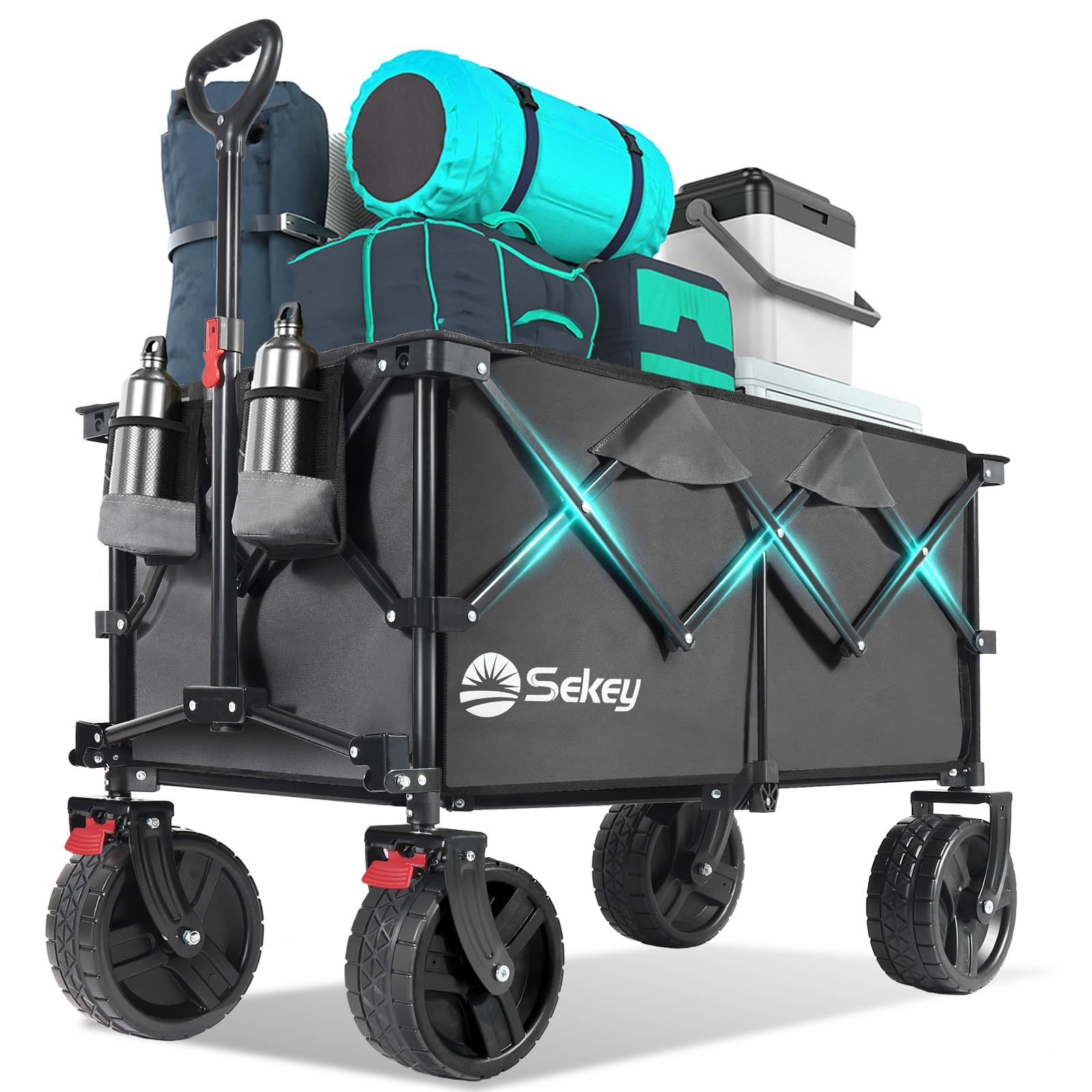 Sekey 220L Wagons Carts Foldable with Big All-Terrian Beach Wheels, Collapsible Heavy DutyWagon with Cup Holders, Extra Large Folding Wagon,Foldable Wagon for Camping, Garden, Sports. Grey