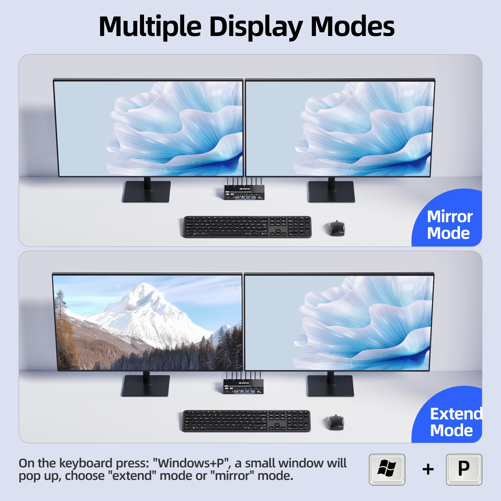 8K@60Hz HDMI Displayport Dual Monitore KVM Switch, ESKEVE KVM Switch 3 PC 2 Monitore Sharing 2 Monitore und 4 USB Geräte, mit Netzteil, Kabelfernbedienung und 3 USB Kabel