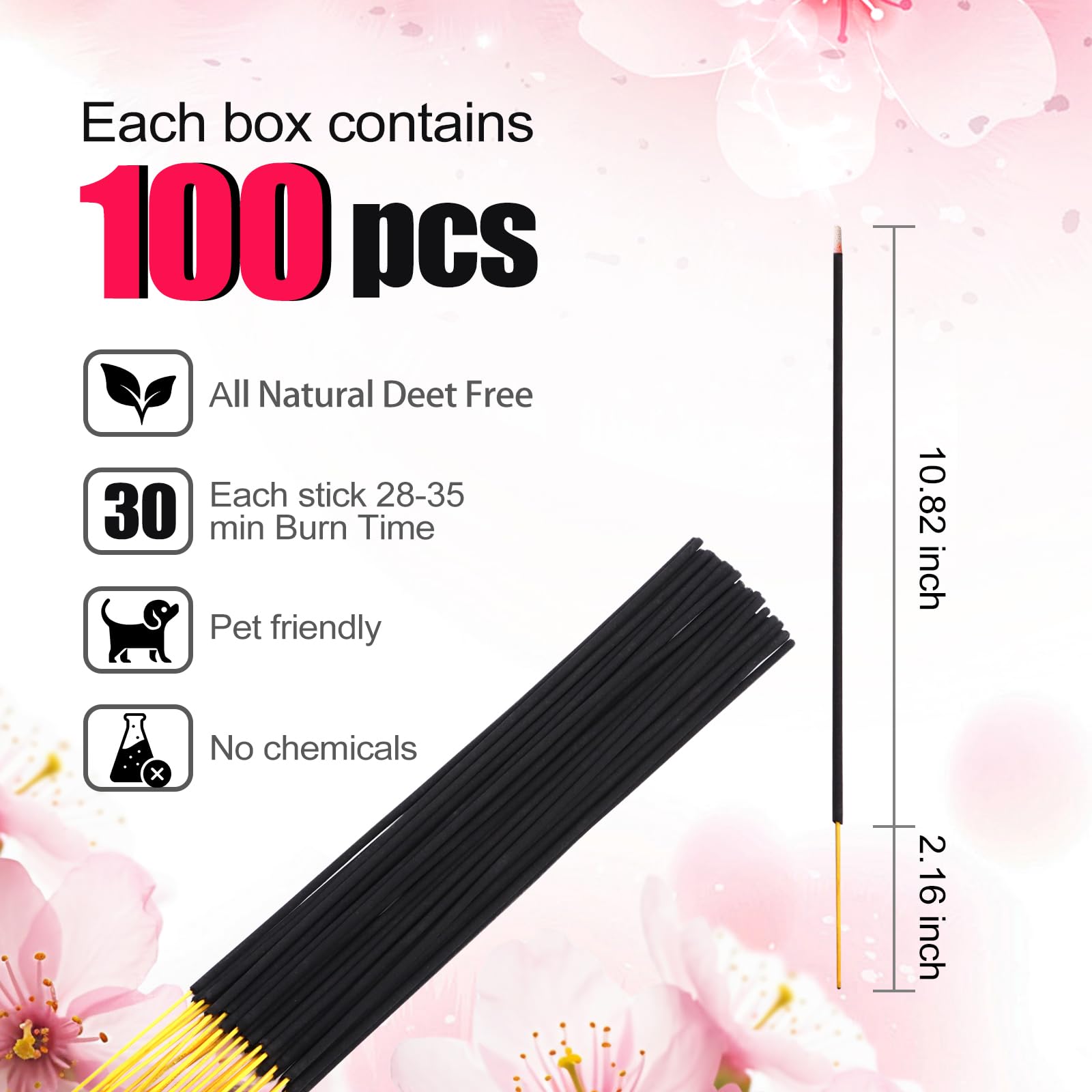 Räucherstäbchen, handgefertigt, natürlicher Sakura-Duft, brennt 25–35 Minuten, japanische Kirschblüten-Räucherstäbchen ohne Chemikalien, Joss-Sticks zur Entspannung, Stressabbau, Angstlinderung,