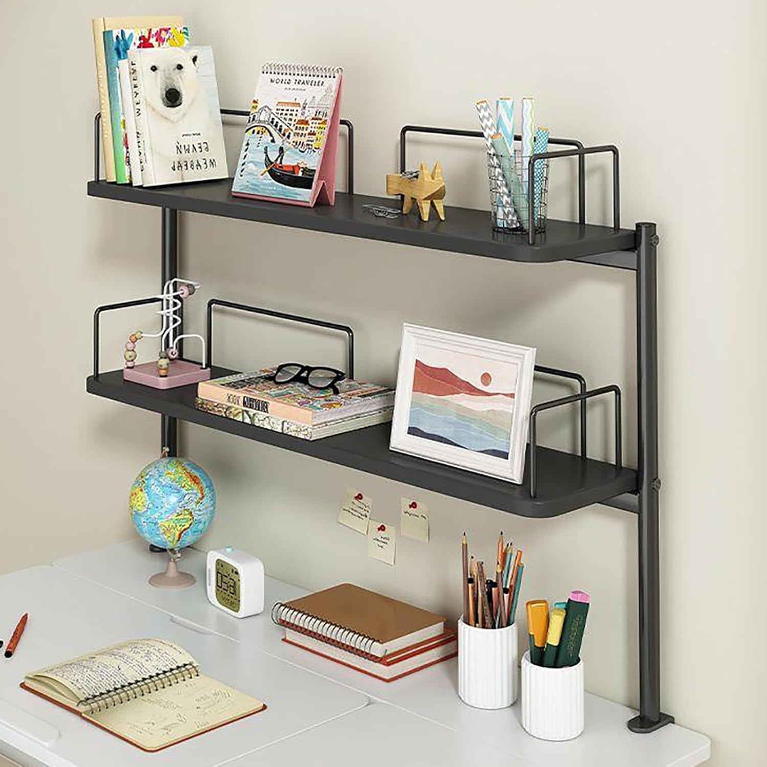 Desk Clamp Organizer 2 Tier Industrial Desktop Bookshelf, Display Shelf Rack Organizer for Office Supplies Organizer, Desk Hutch for Home, Office(White,60x60cm)