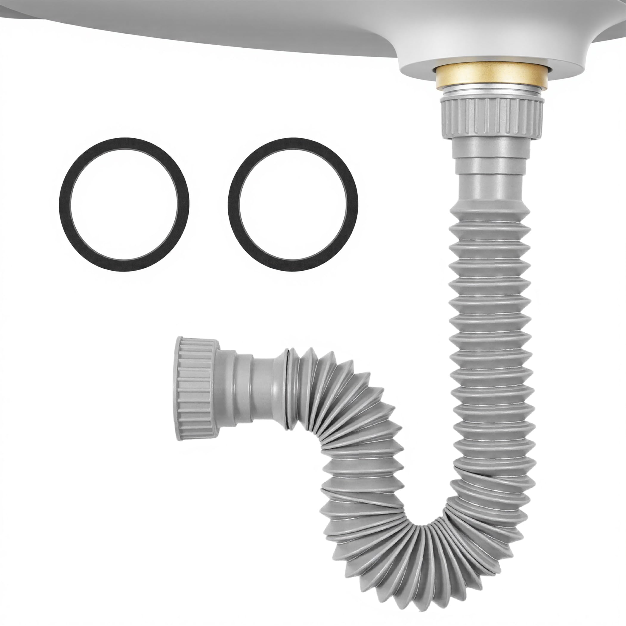 Rackickyer Sink Drain Pipe Kit, 1 Pack Flexible Drain Pipe P Trap, 8.46"-20.67" Flexible P Trap, Under Sink Plumbing for Bathroom and Kitchen, 1-1/4"