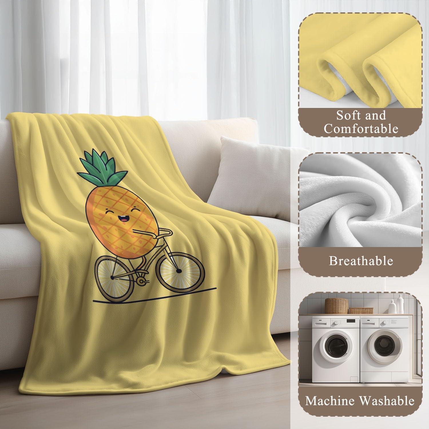 Générique Żółty flanelowy koc, minimalistyczny, kreskówkowy, ananas, przytulny koc, narzuta na łóżko, sofę, wystrój pokoju dziecięcego