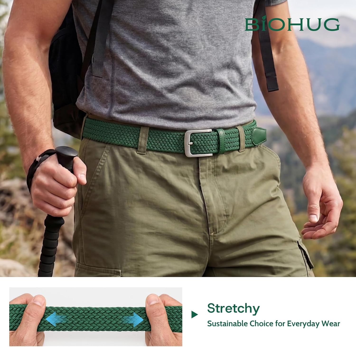 Men's Elastic Braided Belt Eco-Friendly Recycled Fabric Stretch Woven Belt for Jeans Pants Golf Belt 1.34" Width
