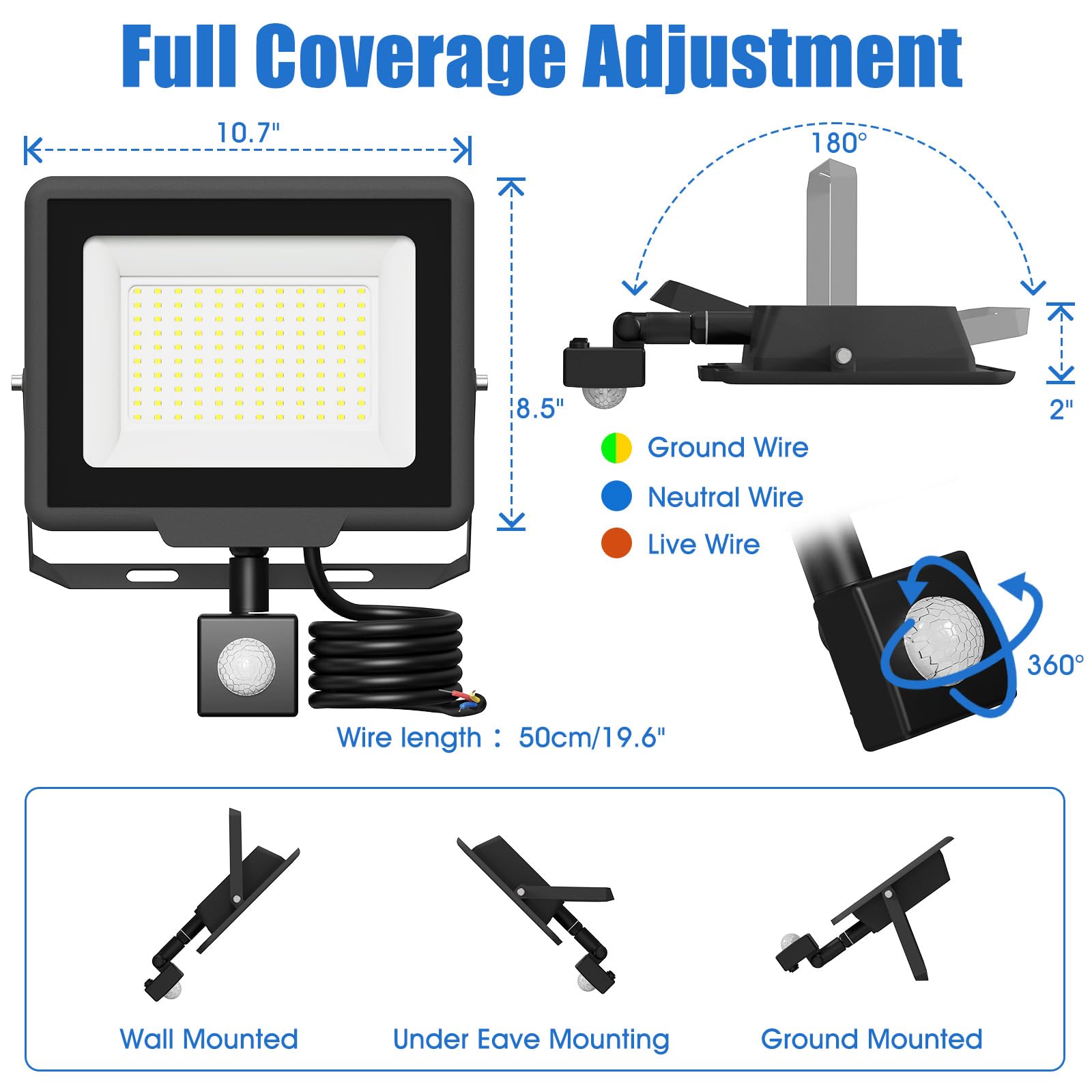 100W Projecteur LED Extérieur avec Détecteur de Mouvement, Capteur Amovible, IP65 Étanche, 10000LM 6500K Blanc Froid - Spot de Sécurité pour Jardin, Garage et Cour