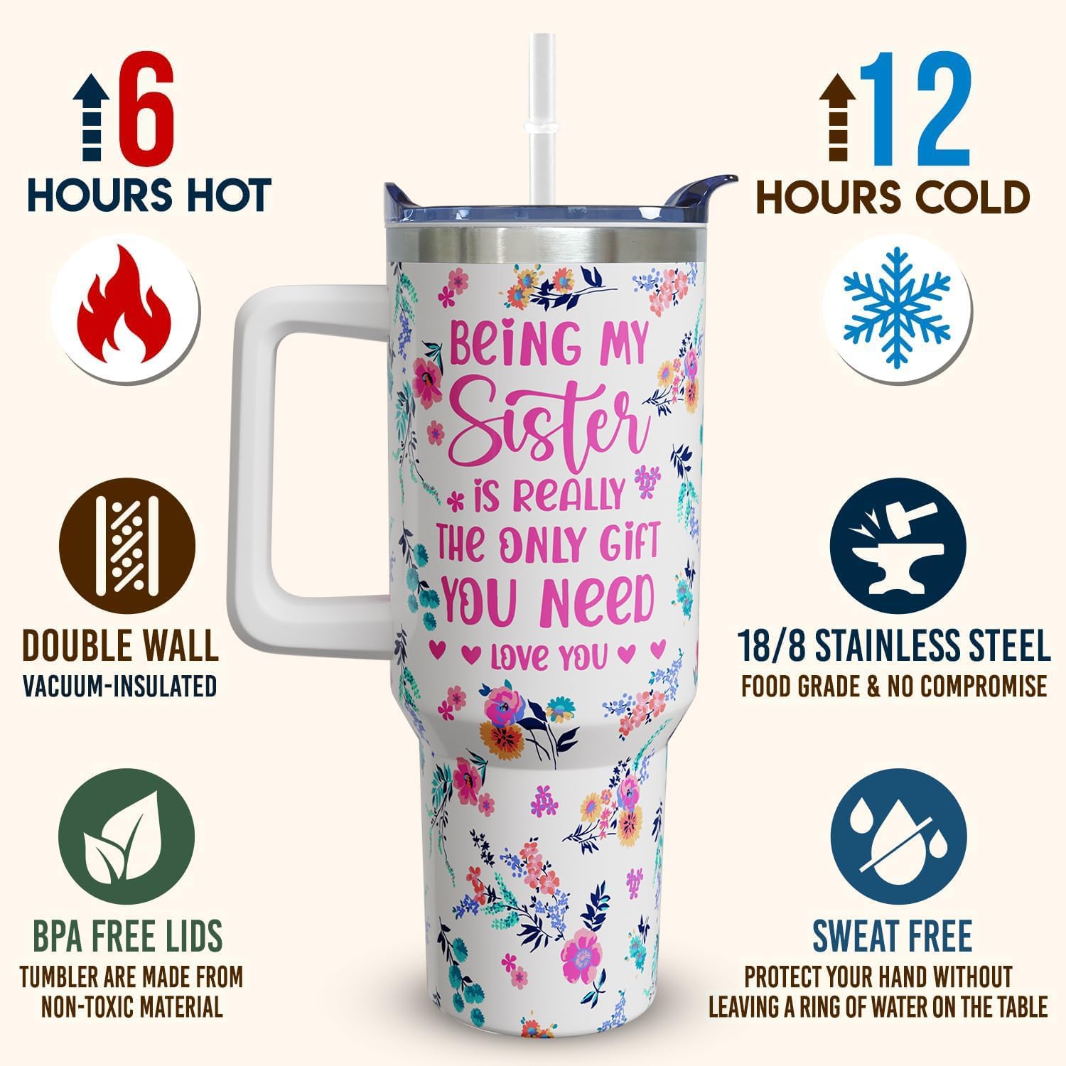 40 oz Sister Cup Tumbler, Valentines Mothers Day Christmas Birthday Gifts for Sisters Gifts from Sister - Image 6