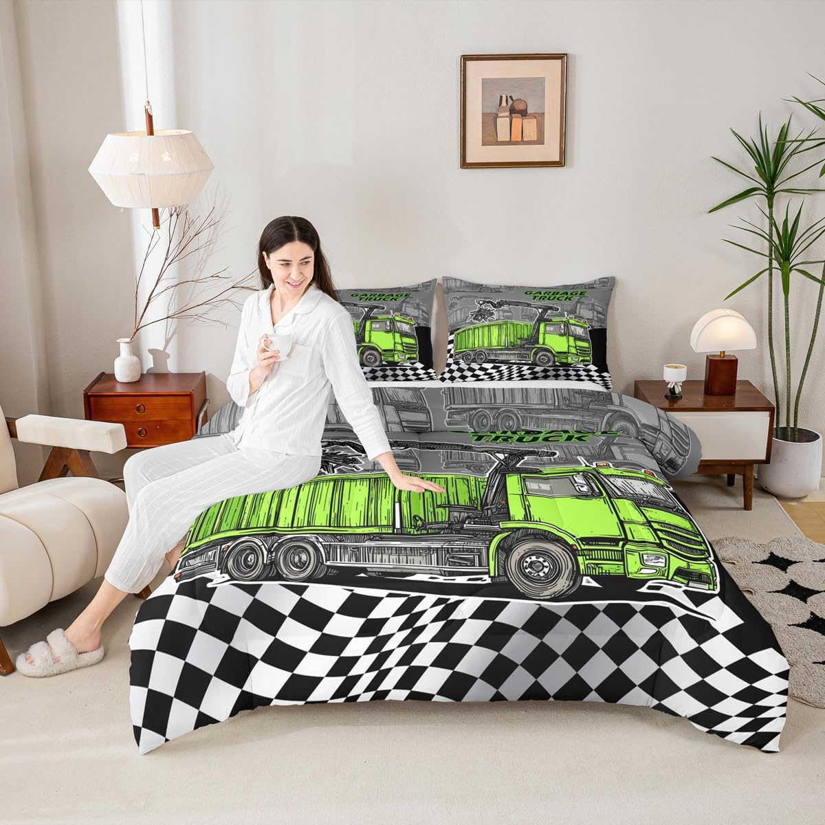 Garbage Truck Kids Comforter Set Queen Size,Green Rubbish Car Bedding Set,Girls Boys Adults Room Decor,Geometric Checkerboard Patchwork Down Comforter,Black White Chic Duvet Insert,2 Pillowcases