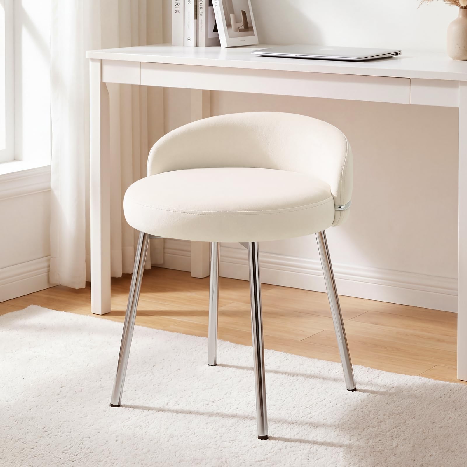 Hellove Tabouret Coiffeuse Samt Rond avec Pieds en Métal Argenté, Chaise Coiffeuse Moderne Vanity Stool avec Dossier Courbé et Assise Rembourrée pour Chambre, Salon, Charge 150kg, Beige
