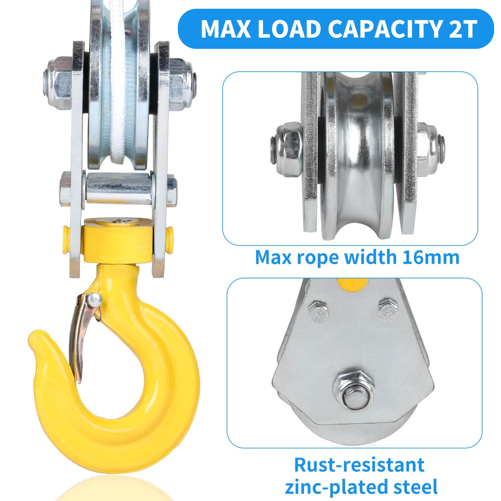 SWAWIS 2 Tonnes Poulie de Levage Poulie de Renvoi Poulies Convient pour Corde de 16 mm Chargement et Traction avec Roulements Crochet Pivotant et Loquet