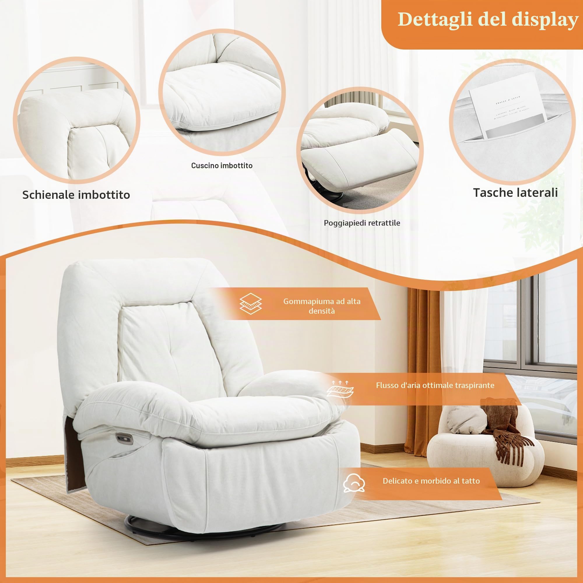 Poltrona relax elettrica per massaggio, riscaldamento vibrazionale, girevole con connettori tipo C e USB, 1 tasche laterali, poltrona reclinabile per TV, soggiorno (Bianco)