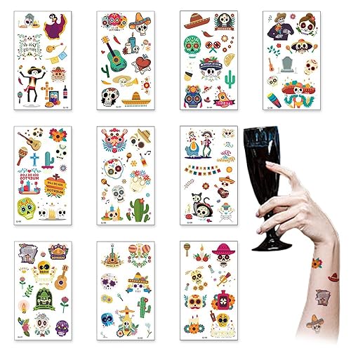 Miniatura 1 de 10 hojas de tatuajes temporales del Día de los Muertos Dia de los Muertos, calcomanías temporales de tatuajes de cactus, guitarra, calavera,