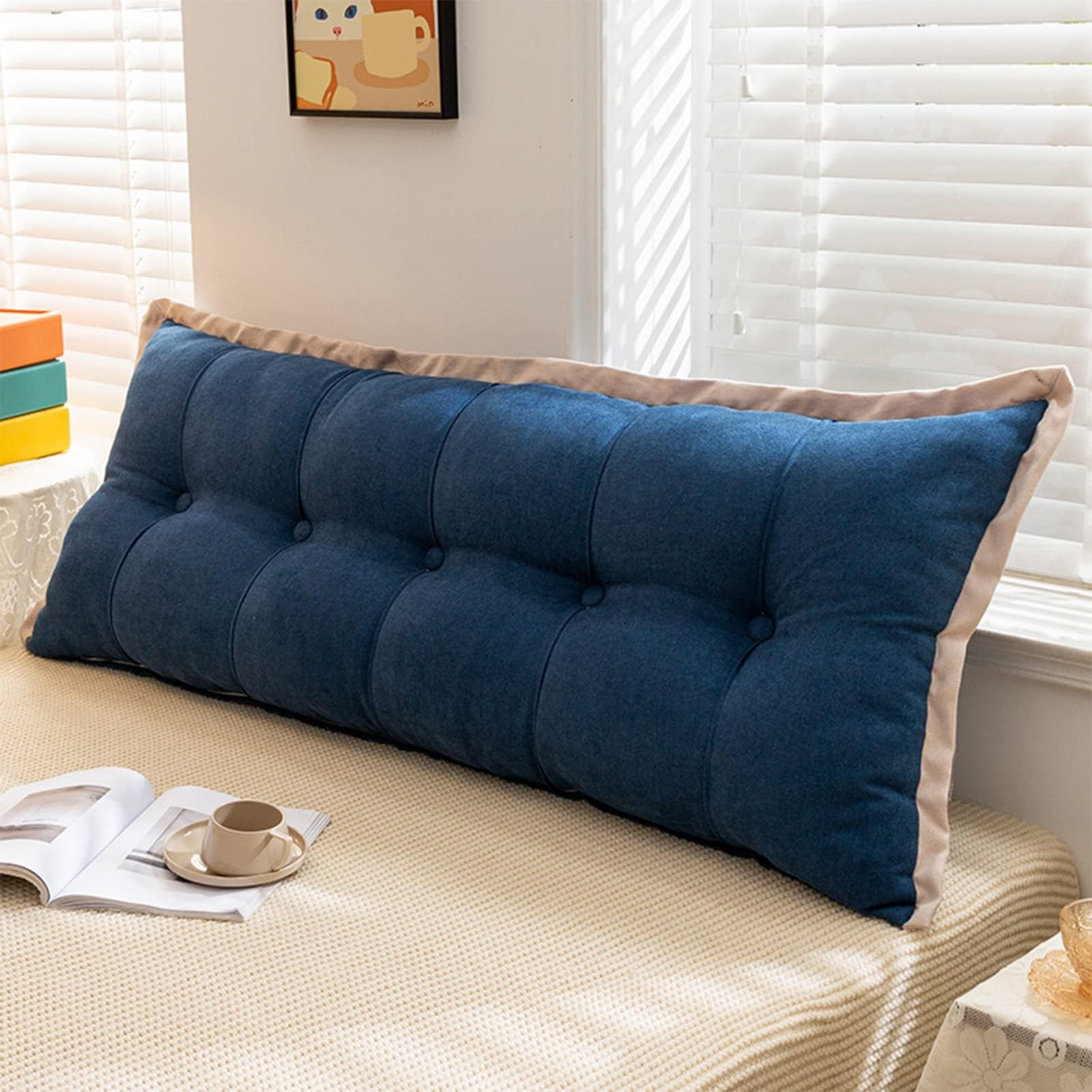 Large Triangular Headboard Support Positioning Backrest Cushion Reading Wedge Headboard for Day Bunk Bed with Removable Lid, Navy Blue, 100 x 60 x 15 cm