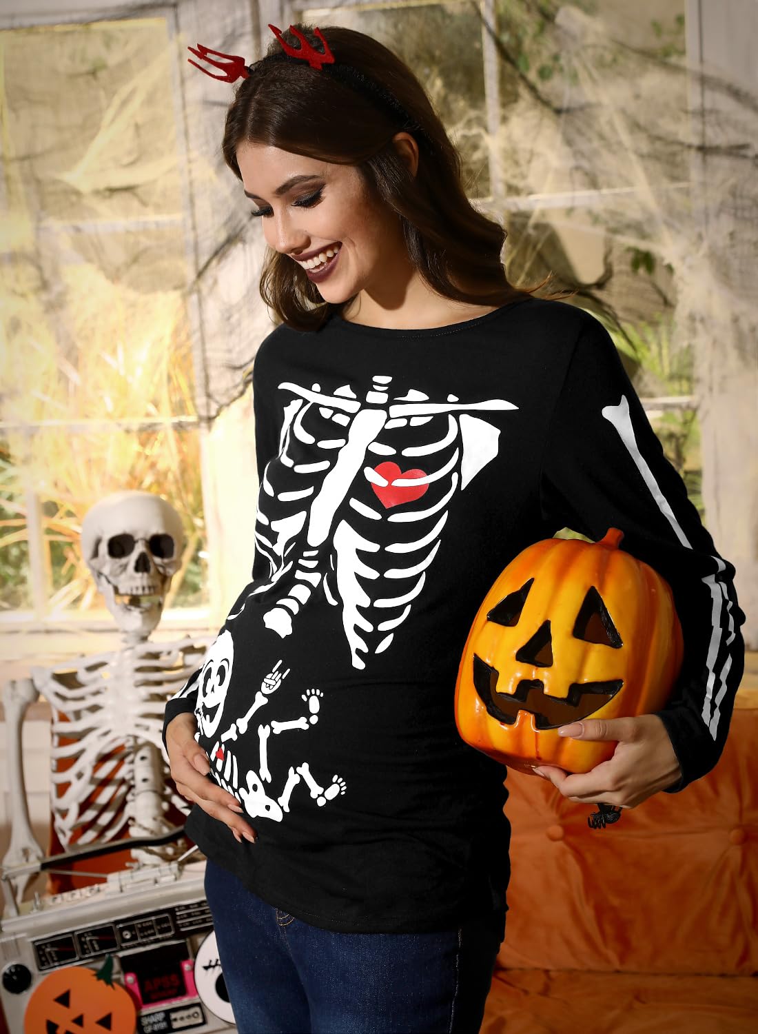 For G and PL Chemise de grossesse à manches longues pour femme Halloween S-XXL | Costume extensible à manches longues pour fête à thème squelette citrouille imprimé famille enceinte chemise