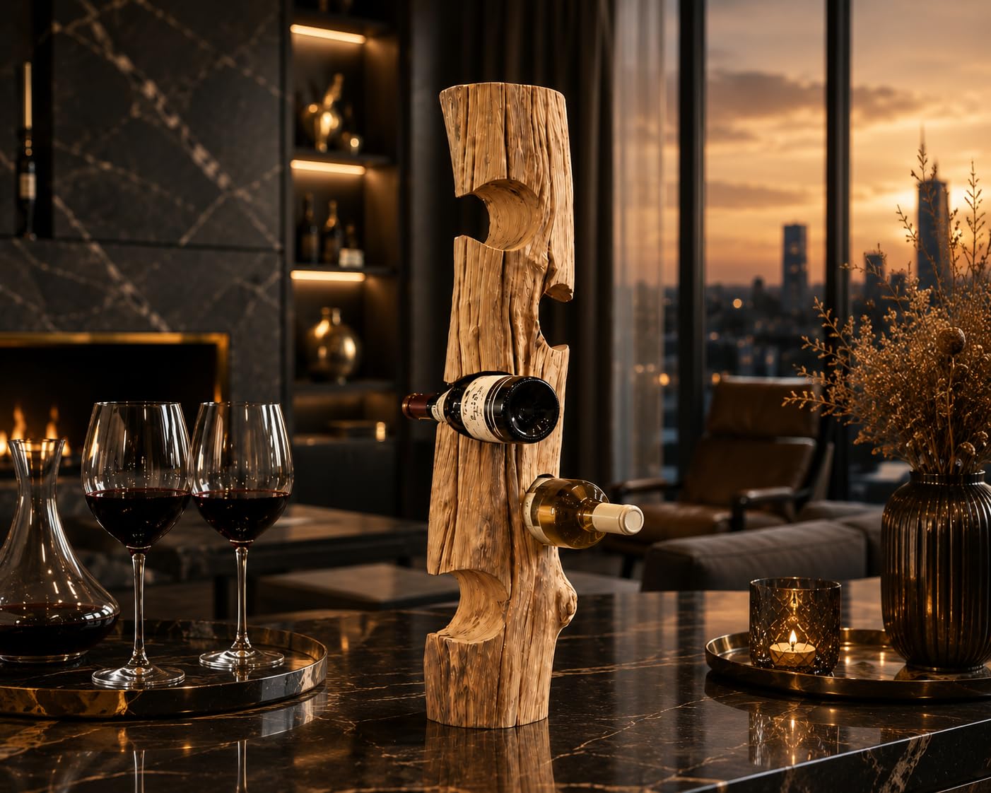 KENYON luxuriöses Weinregal aus Premium-Qualität Teakholz | Handgefertigtes Treibholz-Weinregal für 5 Flaschen – Exklusiv Weinflaschenhalter Holz als dekorativer Weinständer (75×14×14 cm)