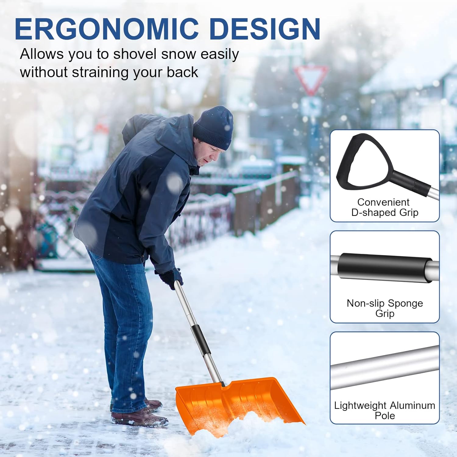 Review Ergonomic Large Snow Shovel for Driveway Portable Lightweight Plastic Shovel for Snow