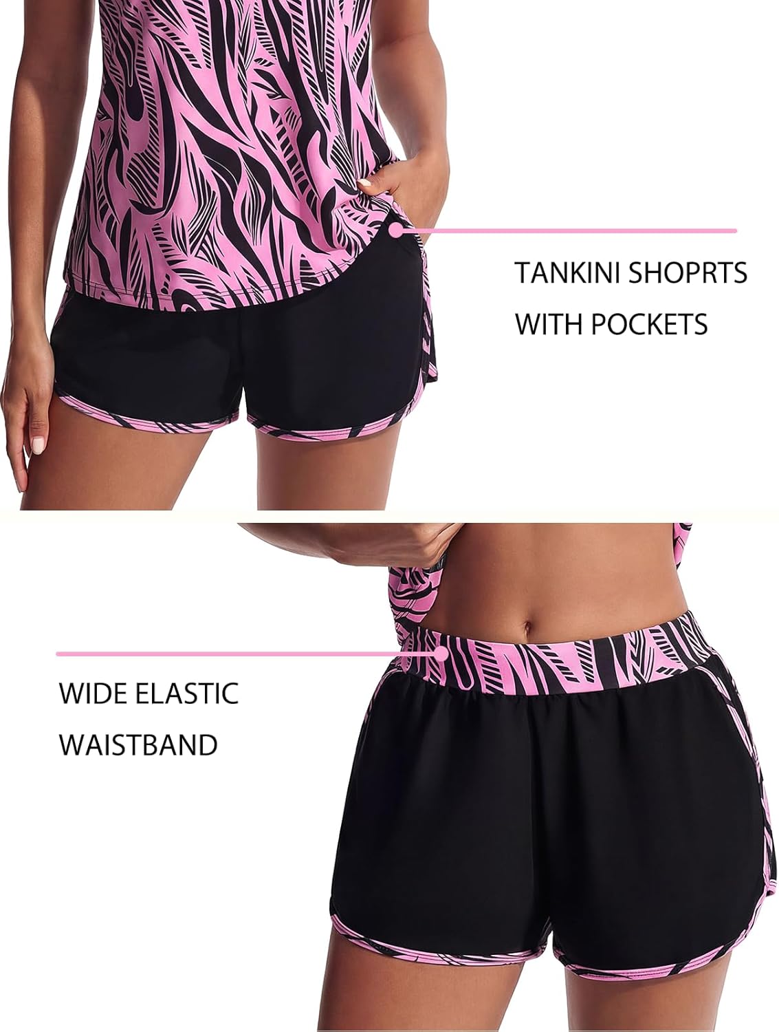 Hanna Nikole Women's Tankini Swimsuits Two Piece Tummy Control Bathing Suit with Athletic Pockets Swim Shorts Swimwear