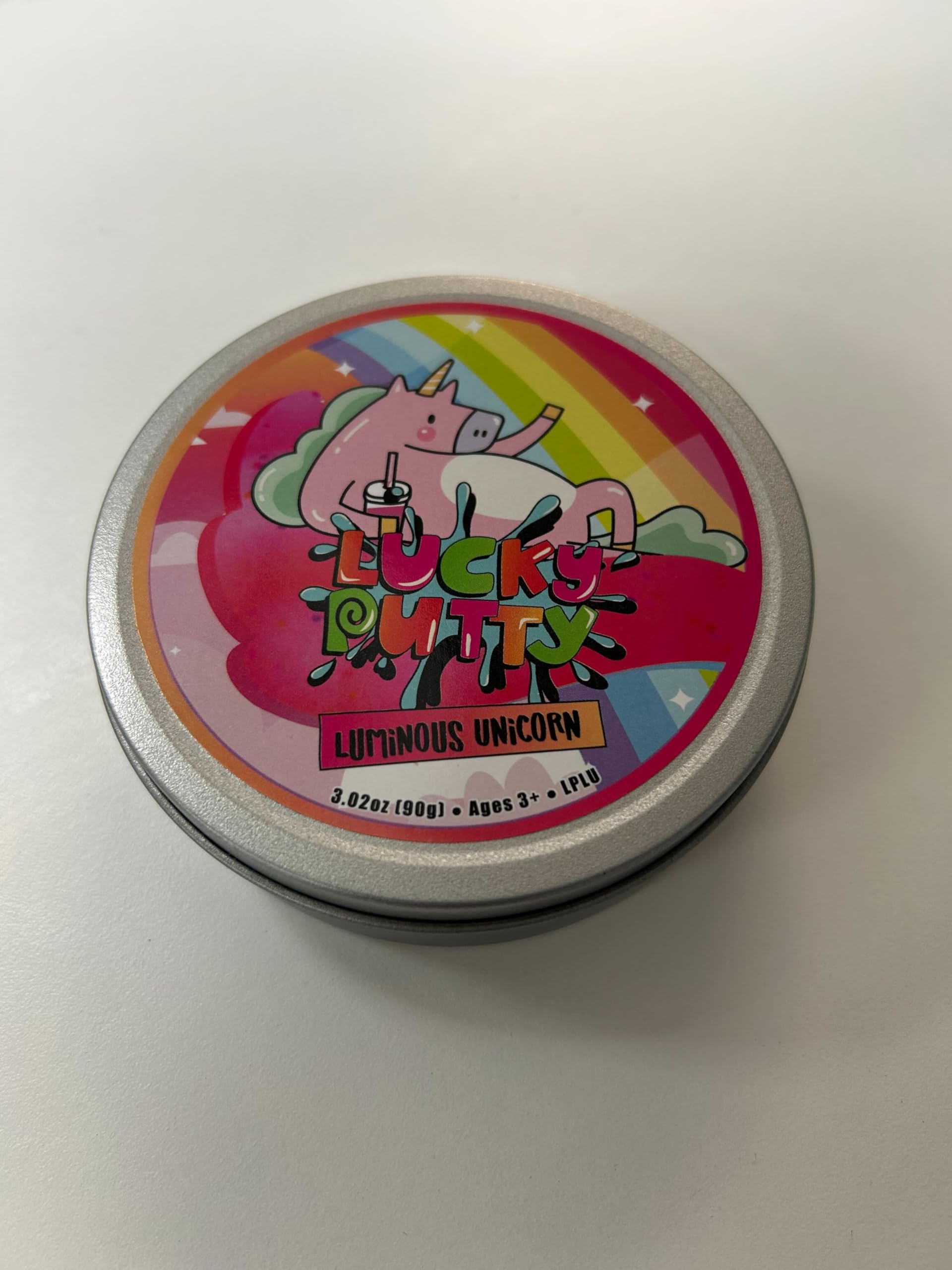 Lucky Putty's Luminous Unicorn Putty - 3.2oz Glow-in-The-Dark Slime - Neon Rainbow Confetti - Stretch, Bounce, Pop, Tear - Never Dries - Stress-Reliever, Creative Tool - Tin Included - Ages 3+