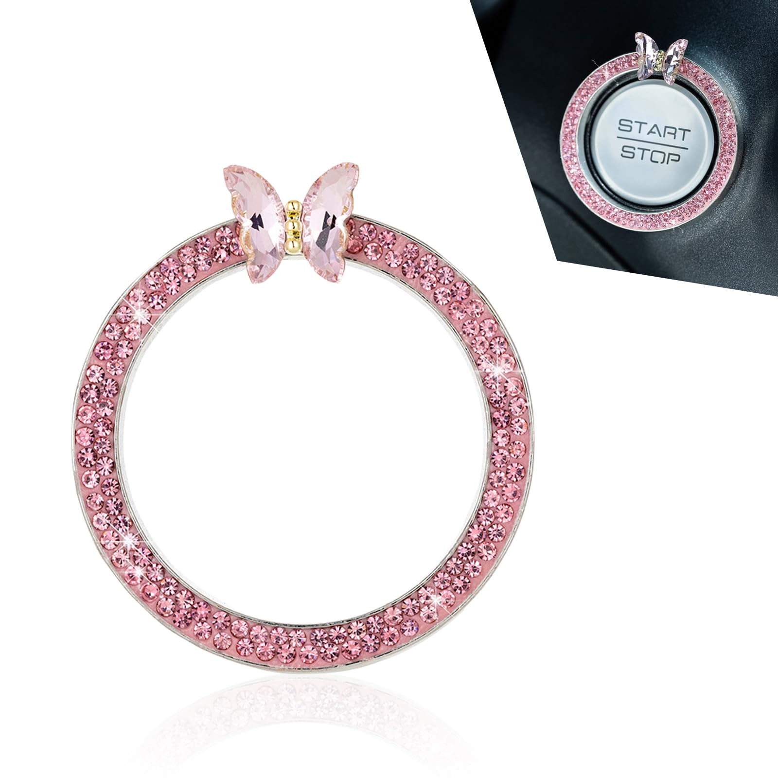 Bling Push Start Button Decoration Ring, Sparkling Butterfly Car Engine Start Button Cover Ring with Rhinestone, Key Ignition Knob Bling Rings for Women, Universal for Most Cars (Pink)-image-13