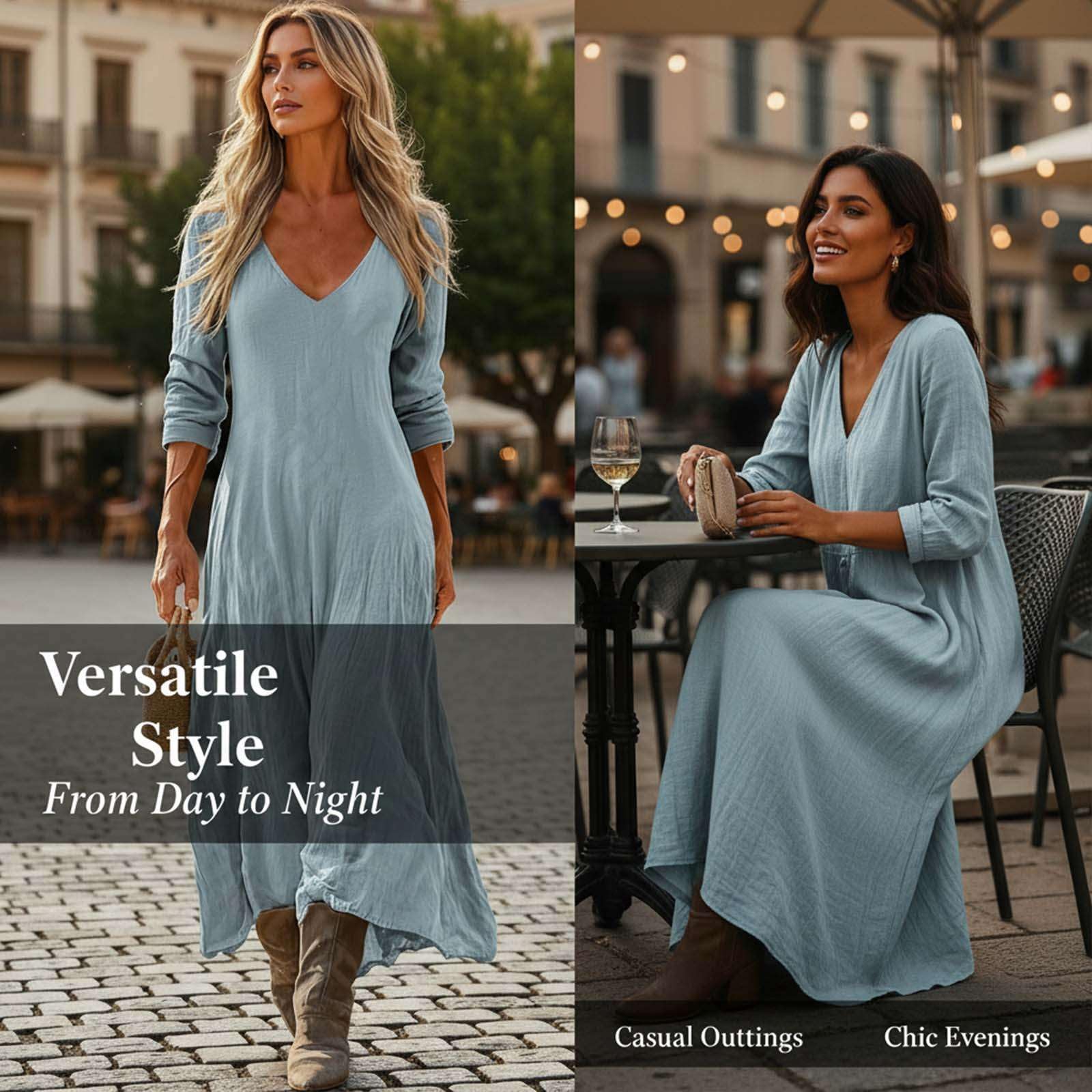 Vestito Donna Lungo Boho Chic Elegante Scollo a V Stampa Vintage Etnica Abito Casual Manica 3/4 per Vacanza Mare Cerimonia Party Cocktail Tunica Svasata Confortevole