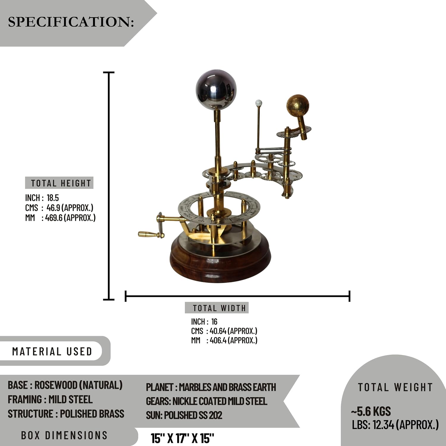 Large Nickel-Brass Orrery – Handcrafted Functional Solar System Model | Precision Tellurion for Astronomy Enthusiasts, Luxury Home & Office Decor, Collectors, and Science Gifts