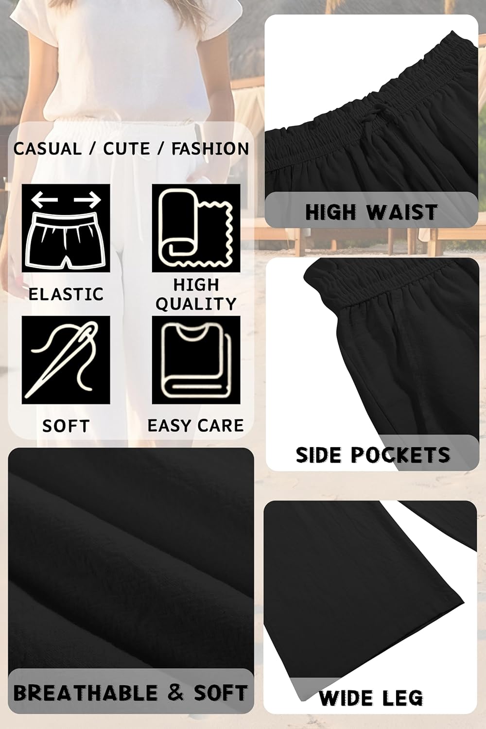 LNX Womens Linen Capri Pants Wide Leg High Waisted Drawstring Casual Cropped Pants with Pockets