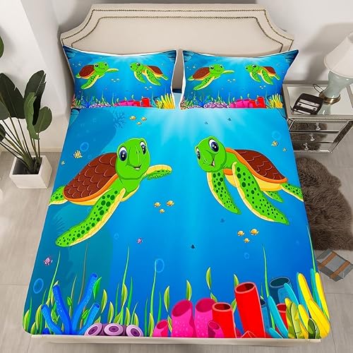 Miniatura 2 de Juego de sábanas de tortuga marina de dibujos animados con estampado de animales de reptil para niños y niñas, decoración marina del océano, juego
