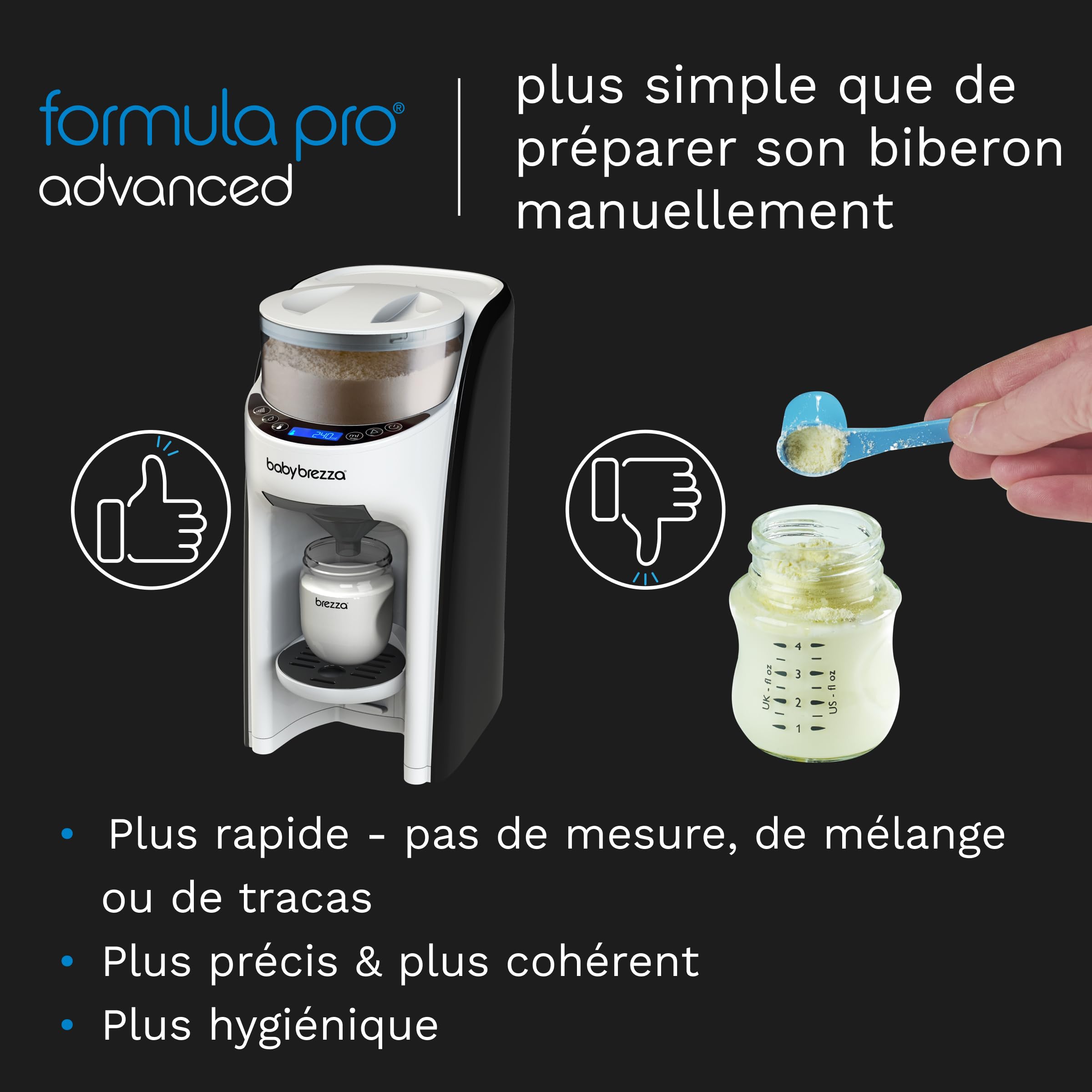 Baby Brezza - Préparateur de Biberons automatique Formula Pro Advanced avec kit entonnoir supplémentaire offert - Noir et Blanc