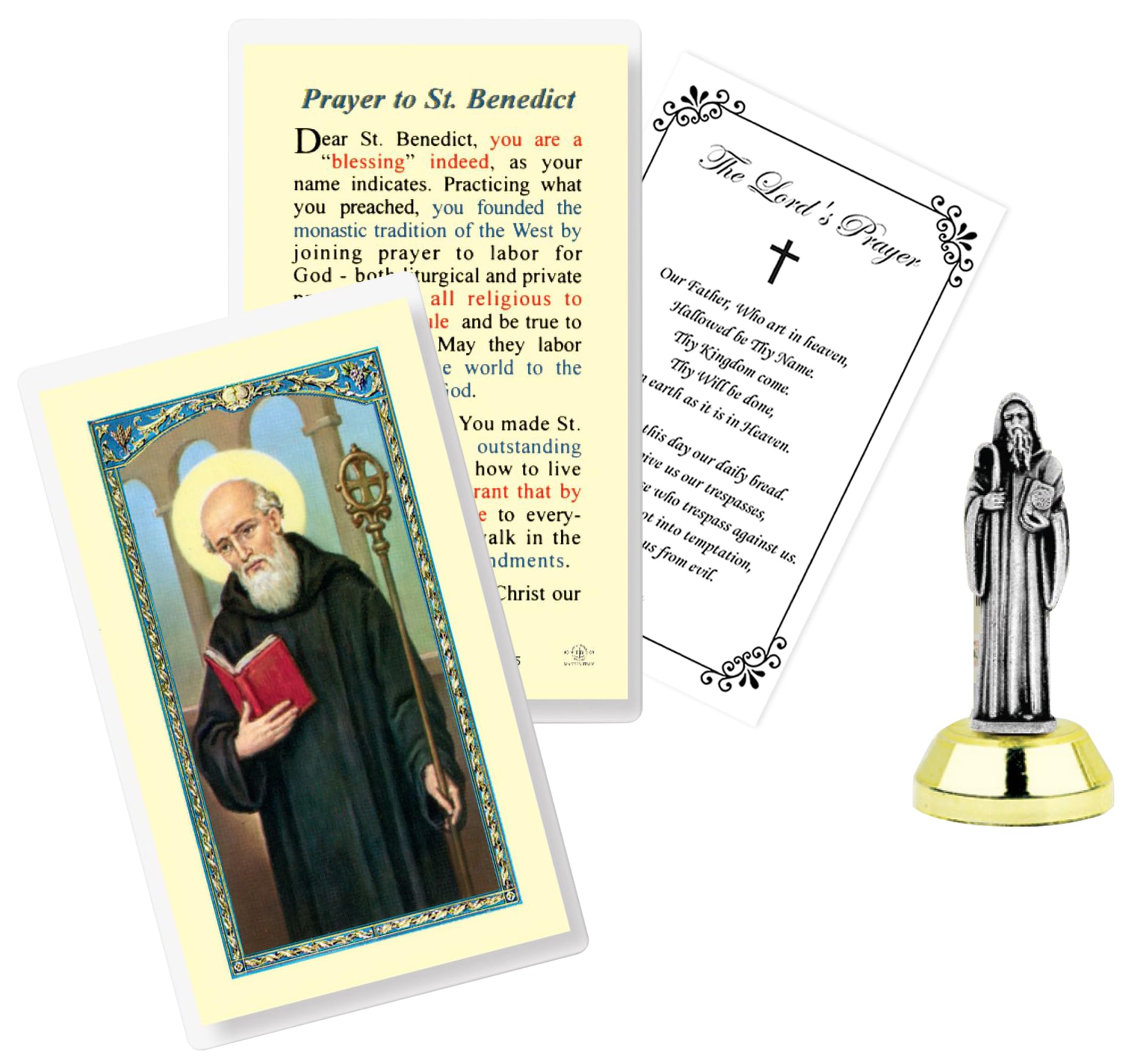 Small St Benito Statue (2 Inch) - San Benito Statue with Laminated Saint Benedict Prayer Card, Lord's Prayer - Estatua De San Benito with Magnetic Sticky Base for Car Dash or Flat Surfaces, 3 Items