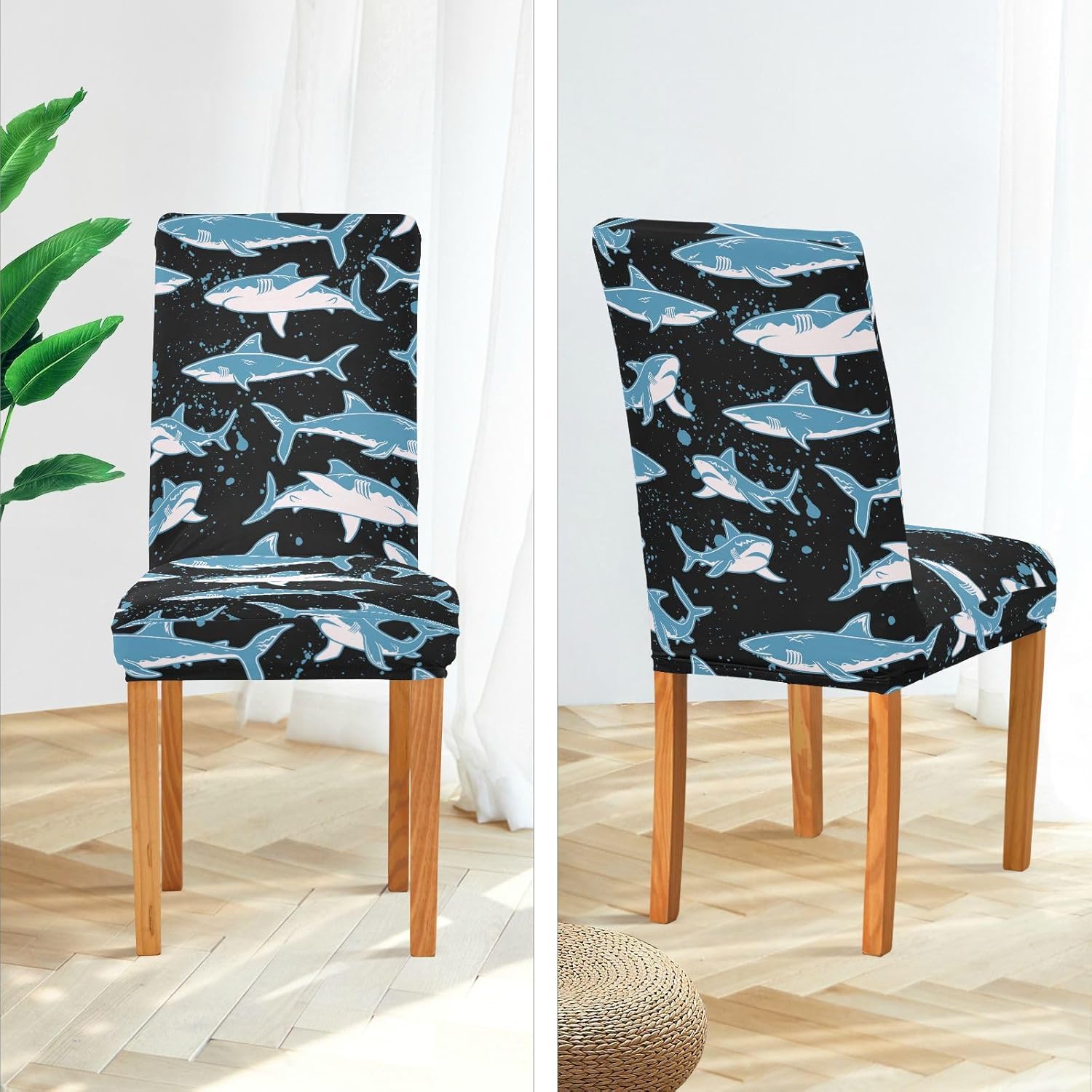 Shark Animal Cartoon Dining Chair Covers Set of 4, Stretch Kitchen Chair Slipcover Washable Removable Chair Covers Protector for Dining Room, Hotel and Ceremony