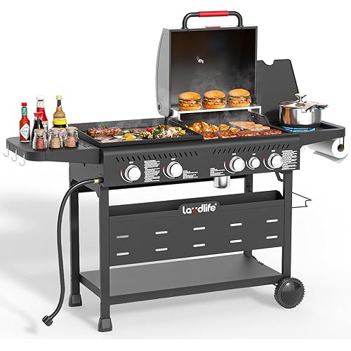 Propane Gas Griddle Grill Combo with Side Burner, Non-Stick Porcelain-Enameled Cast Iron Grate & Pan, 5 Burners Dual BBQ Grills, 702 SQ.IN Cooking Area, Heavy-Duty Stand for Backyard