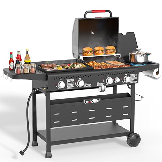 Propane Gas Griddle Grill Combo with Side Burner, Non-Stick Porcelain-Enameled Cast Iron Grate & Pan, 5 Burners Dual BBQ Grills, 702 SQ.IN Cooking Area, Heavy-Duty Stand for Backyard