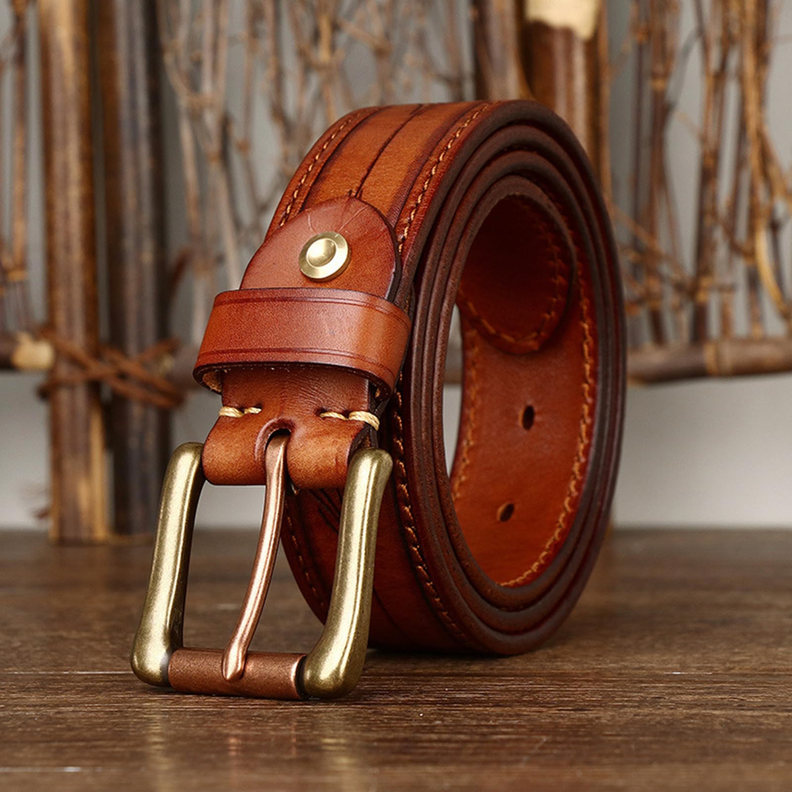 Gürtel Herren Damen Vollledergürtel Handgemachtes Prägung Ledergürtel Mit Goldener Gürtelschnalle Dornschließe Ornament Druck Blumen Und Blätter Muster Jeansgürtel(115cm/45, Brown)