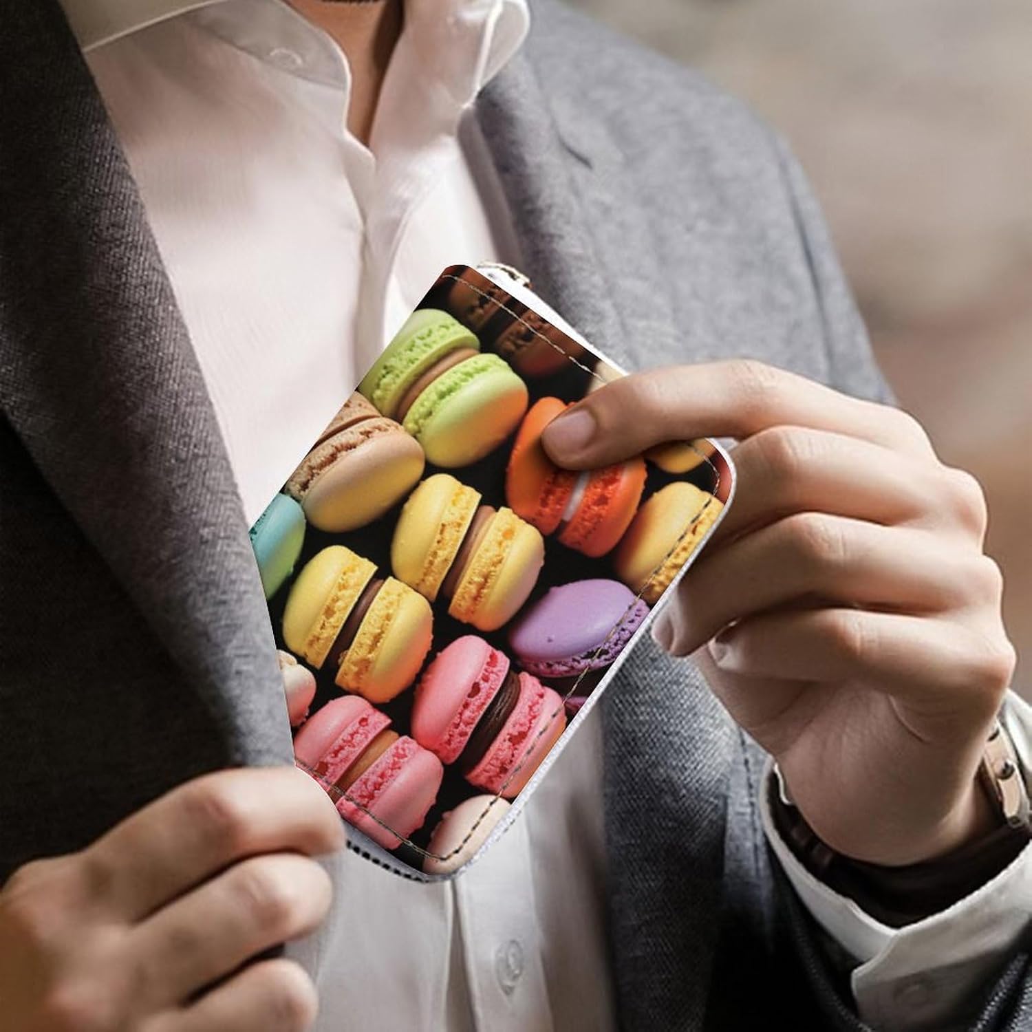 Leather Card Organizer Case Card Wallet Credit Card Holder Macaron Biscuit Flavored Pastries Printed Zipper Card Cases Holder for Women Men