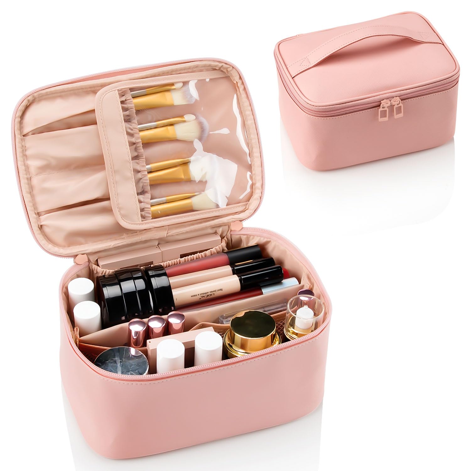 Travel Makeup Bag, Portable Cosmetic Bag with Makeup Brushes Organiser Large Capacity Toiletry Bags Holiday Essentials for Women, Pink