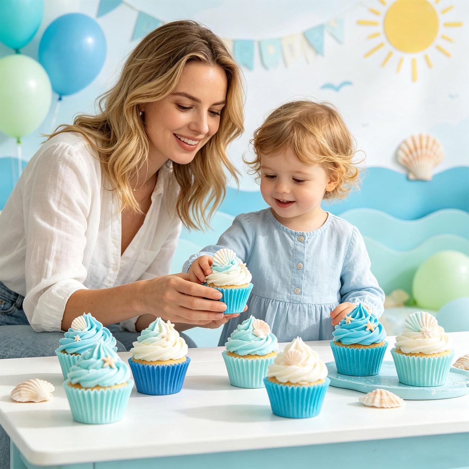 Whaline 300 Pcs Summer Cupcake Liners Sea Ocean Theme Paper Baking Cups Gradient Blue Standard Muffin Cupcake Wrappers for Beach Pool Birthday Baby Shower Party Supplies