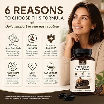 Odorless Fermented Aged Black Garlic Extract 700mg, 90 Softgels | Fermented Black Garlic Supplements, Immune Support, Boost Energy, Antioxidant, Non-GMO
