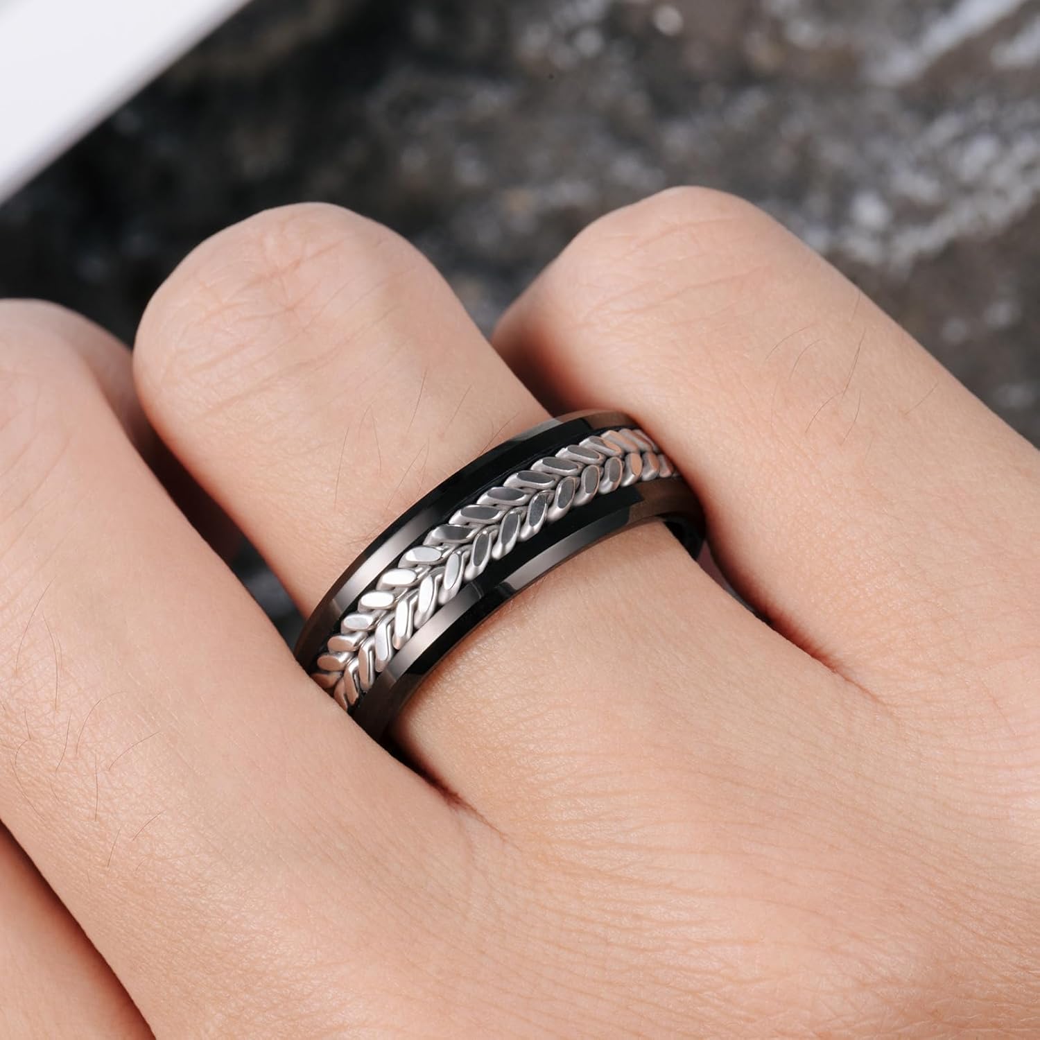 NUNCAD 8mm Men's Wedding Band Tungsten Carbide Rings,Black Rings for Men with Silver Stainless Steel Inlay,Comfort Fit High Polished Finish Beveled Edges Scratch-Resistant Ring Size 7-12 - Image 5