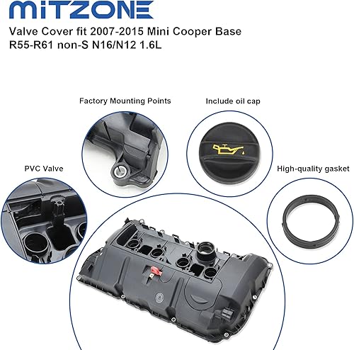 Miniatura 5 de MITZONE Cubierta de válvula de culata compatible con Mini Cooper Base R55-R61 non-S N16N12 1.6L Reemplazar # 11127646554