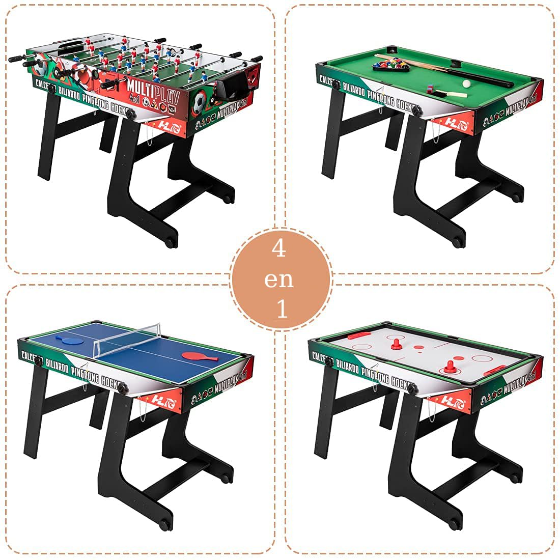 HLC Mesa Multijuegos 4 en 1 Plegable Fútbol Billar Snooker Tenis de Mesa Hockey