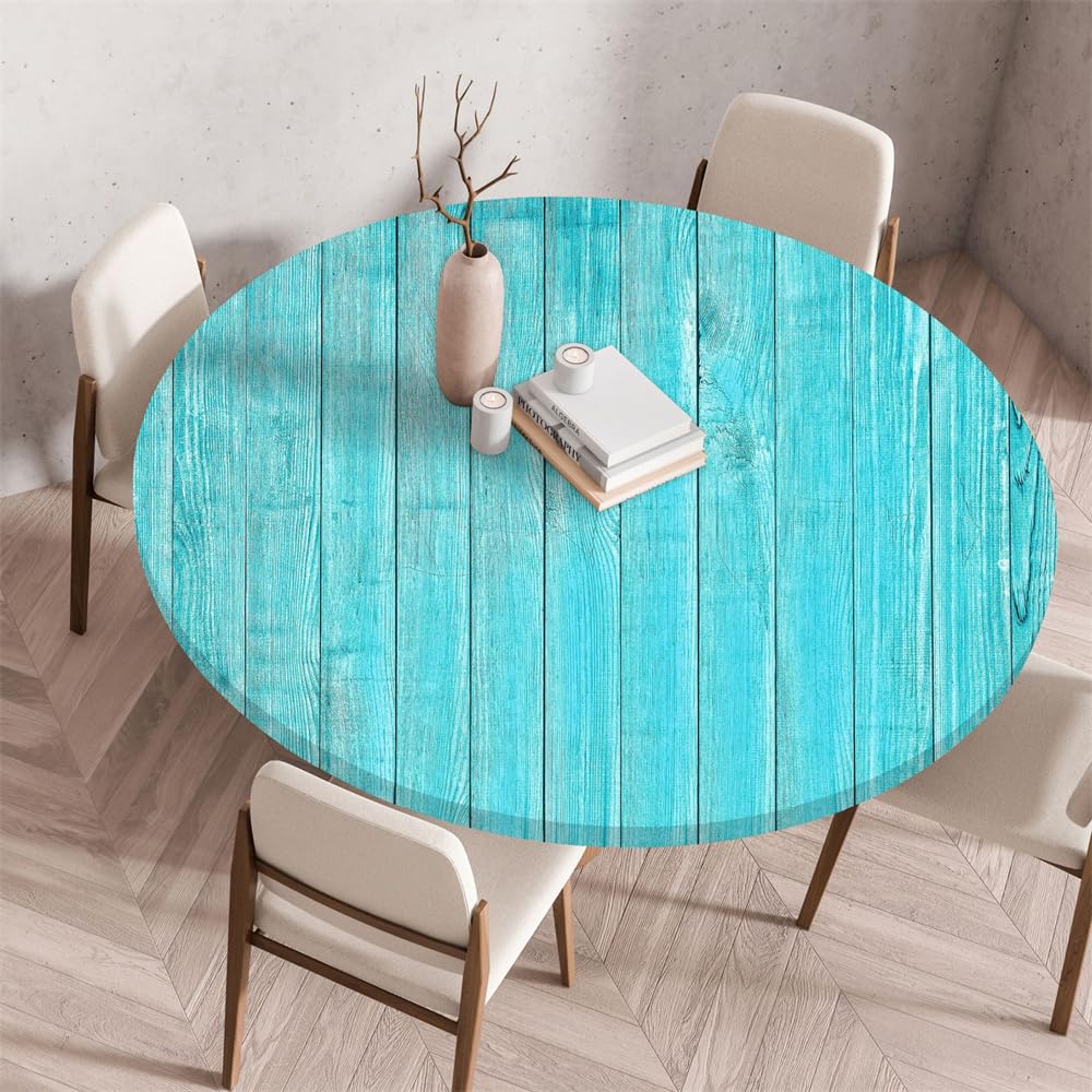 Chickwin Round Fitted Tablecloth with Elastic Edge, Wood Texture Pattern Wipe Clean Table Cover Outdoor Garden Tablecloth Non-Slip Stain-resistant Washable for Circle Table (90cm,Blue)