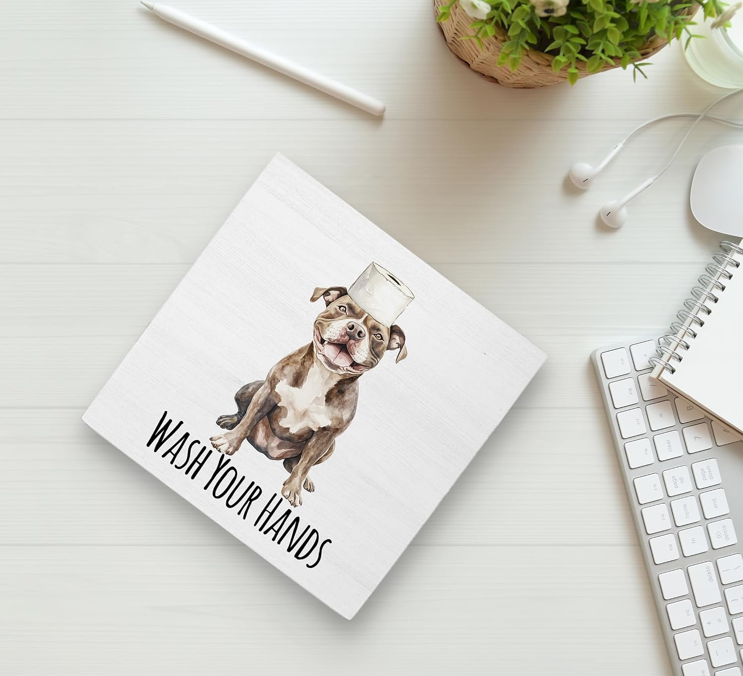 KU-DaYi Funny Dog Pit Bull Bathroom Wooden Box Sign, Wash Your Hands Sign Bathroom Decor, Gifts for Women, Pit Bull Desk Accessories for Dog Lovers Wooden Block Plaque Desk Shelf Decor 5x5 Inch image 2