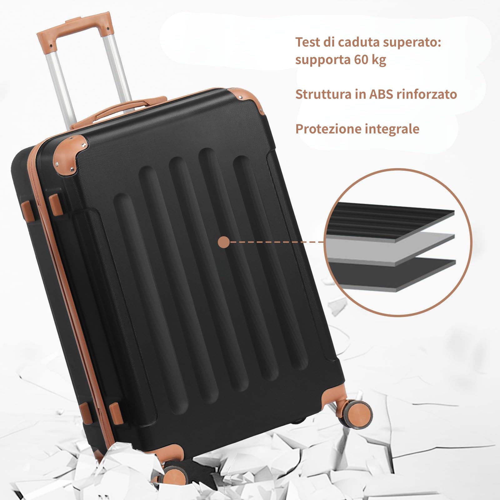 LEADZM Set di Valigie Rigide 4 Pezzi con Beauty Case, Set Valigie con Rinforzi Angolari, Luggage Suitcase Grande 23 kg in ABS (Nero-Marrone)