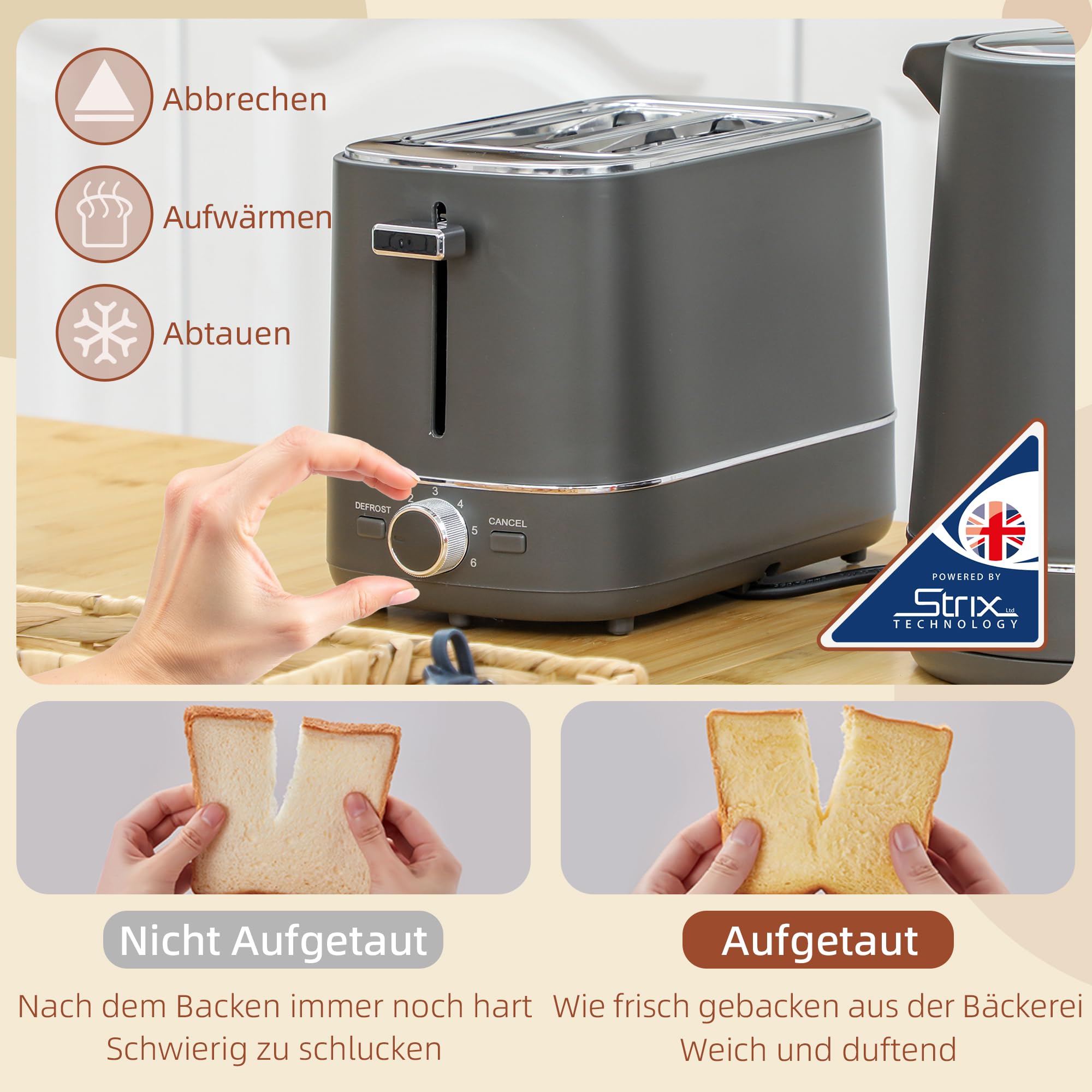 HOMCOM Set di tostapane per bollitore elettrico, 2200 W, 1,7 l, 2 fette, 6 livelli di doratura, riscaldamento e scongelamento, set per la colazione con filtro anticalcare e scomparto per briciole