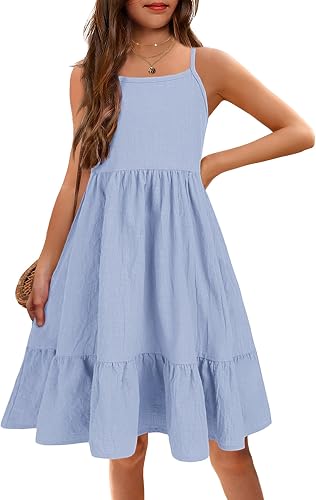 Arshiner Girls Sundress Dress Summer Casual Spaghetti Strap Linen Beach Cami Dre