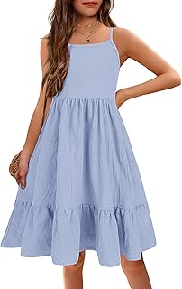 Girl's Summer Sundress Spaghetti Strap Solid Linen Midi Dress Casual Cami Dresses - Buy now