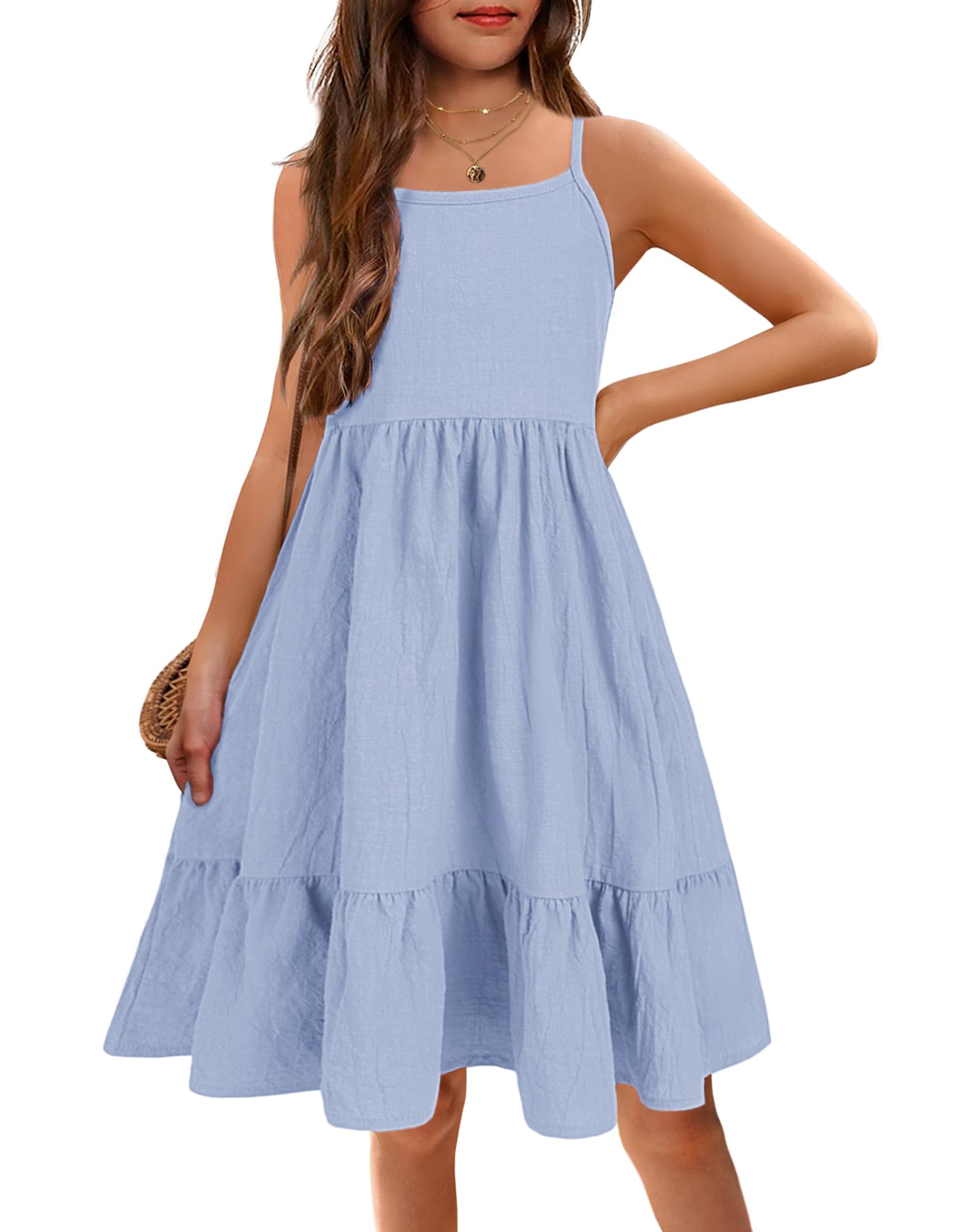 Arshiner Girl's Summer Sundress Spaghetti Strap Solid Linen Midi Dress Casual Cami Dresses