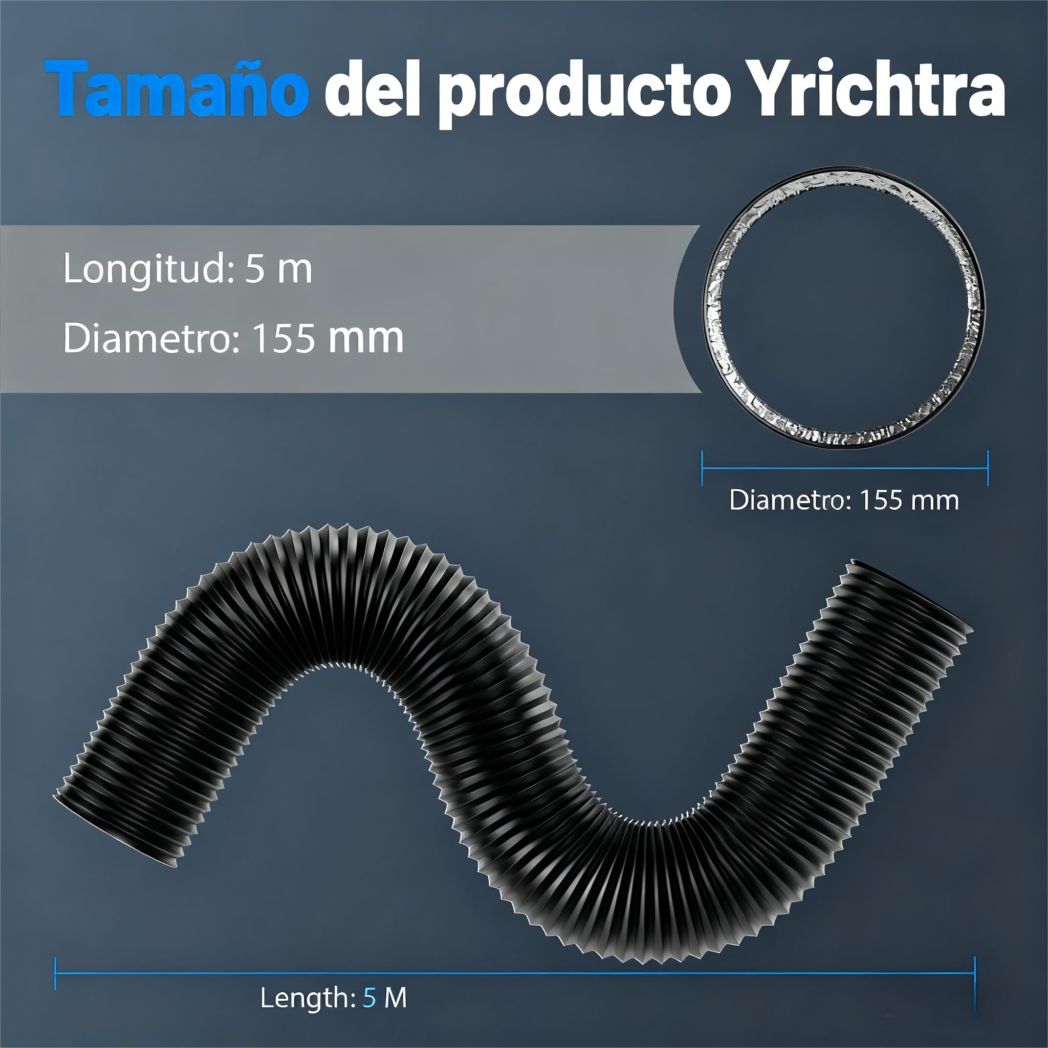 Tubo Ventilación 150mm 5m Negro, Tubo Flexible Aluminio 5 Capas, Silencioso y Resistente al Calor, con Abrazaderas, para Aire Acondicionado Portátil, Cocina, Extractor y Ventilación