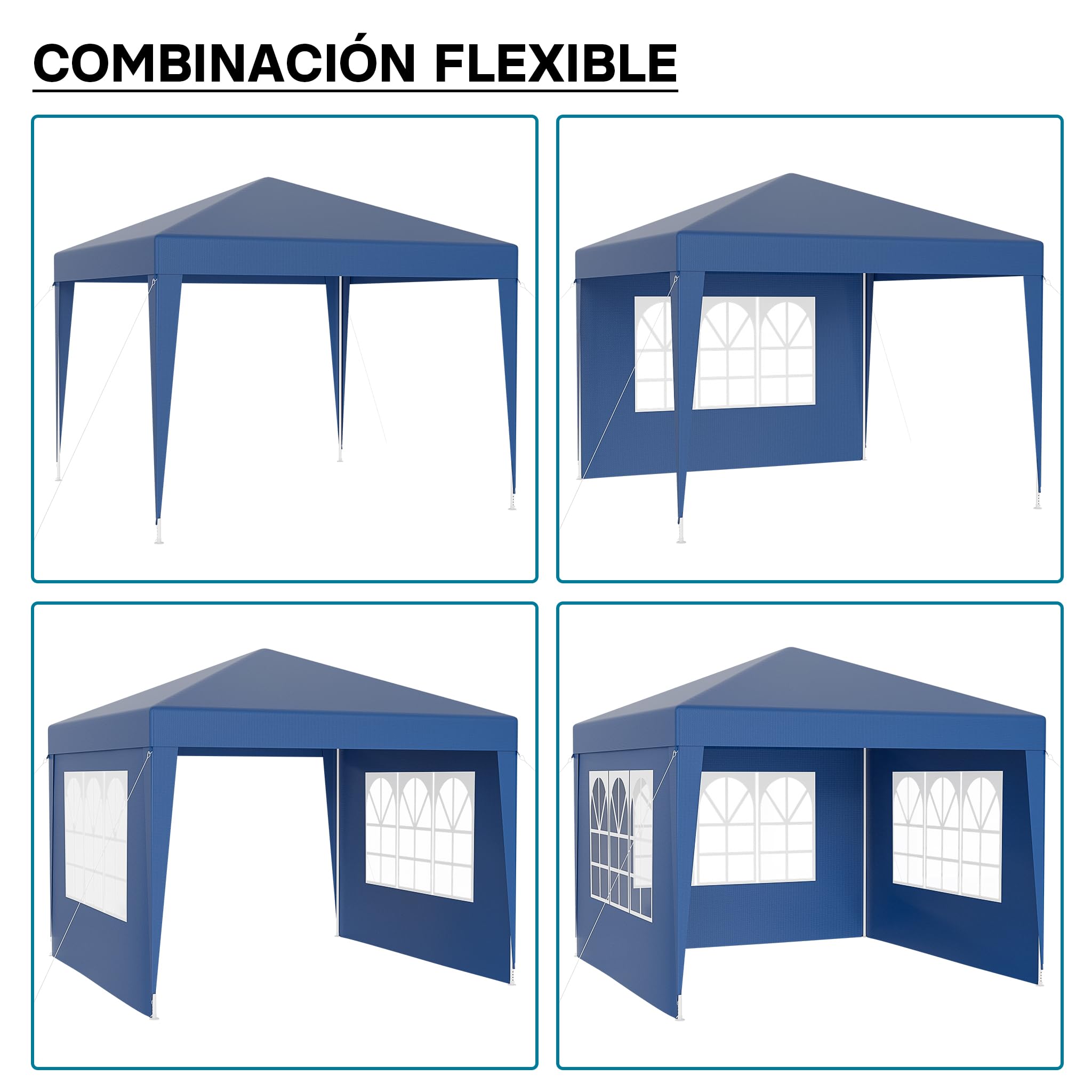 Wiltec Carpa de jardín 3 x 3 m Azul con protección UV 50+, Gazebo con Laterales enrollables, pabellón para Fiestas con Ventanas, Ideal para terrazas y Festivales