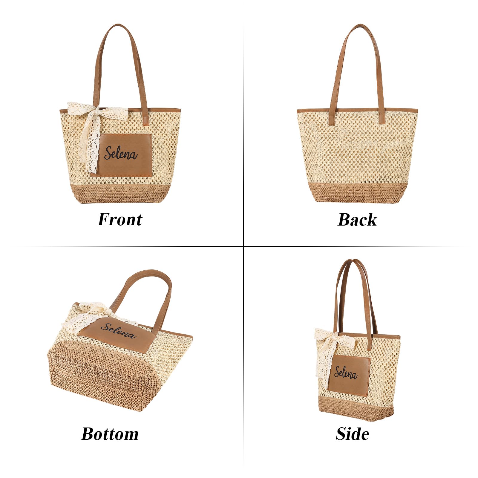Sac de Plage Personnalisé Femme Sac Cabas Paille avec Prénom Grand Sac Tote d’Été Porté Épaule pour Plage Voyage Shopping